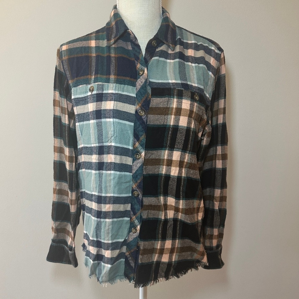 Rails Brando Heathrow Plaid Patchwork Raw Hem Button Down Shirt Blue Green Small